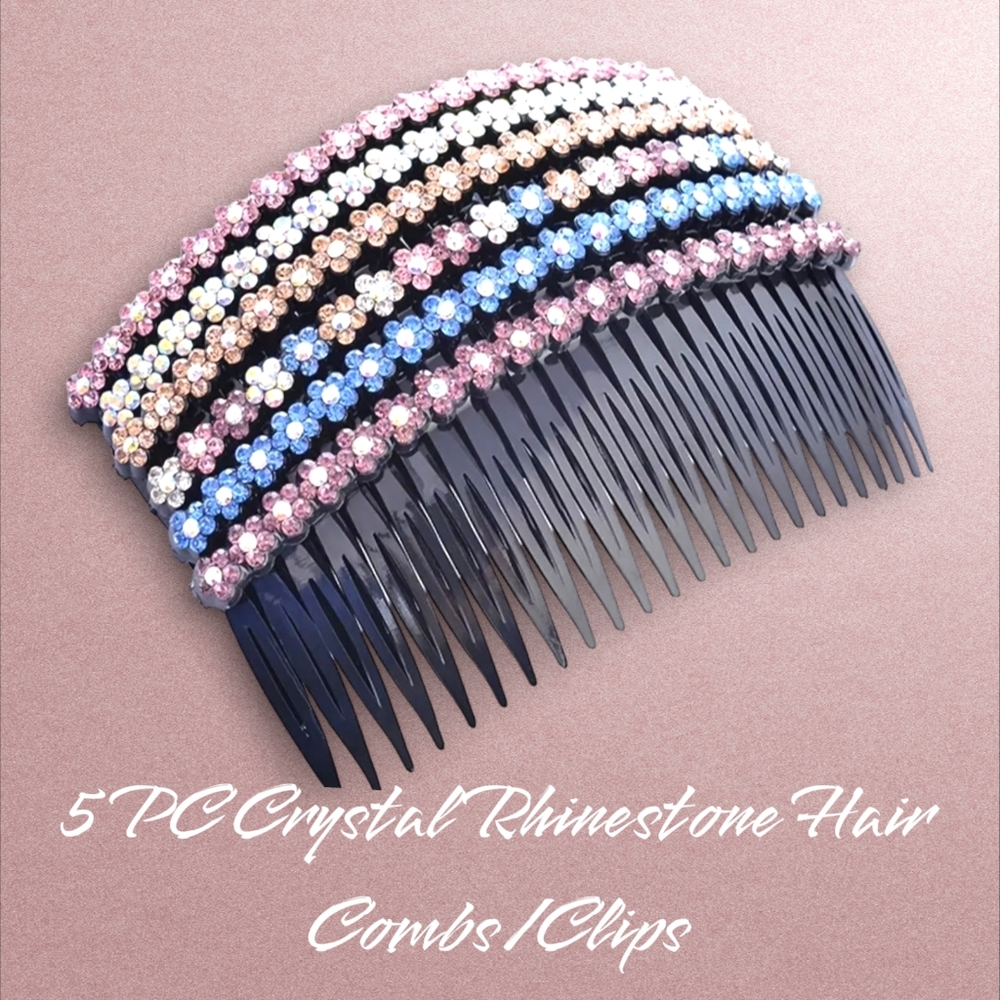 Beautiful 5pc Colorful Crystal Rhinestone Combs/ Hair Pins - Picture 5 of 11